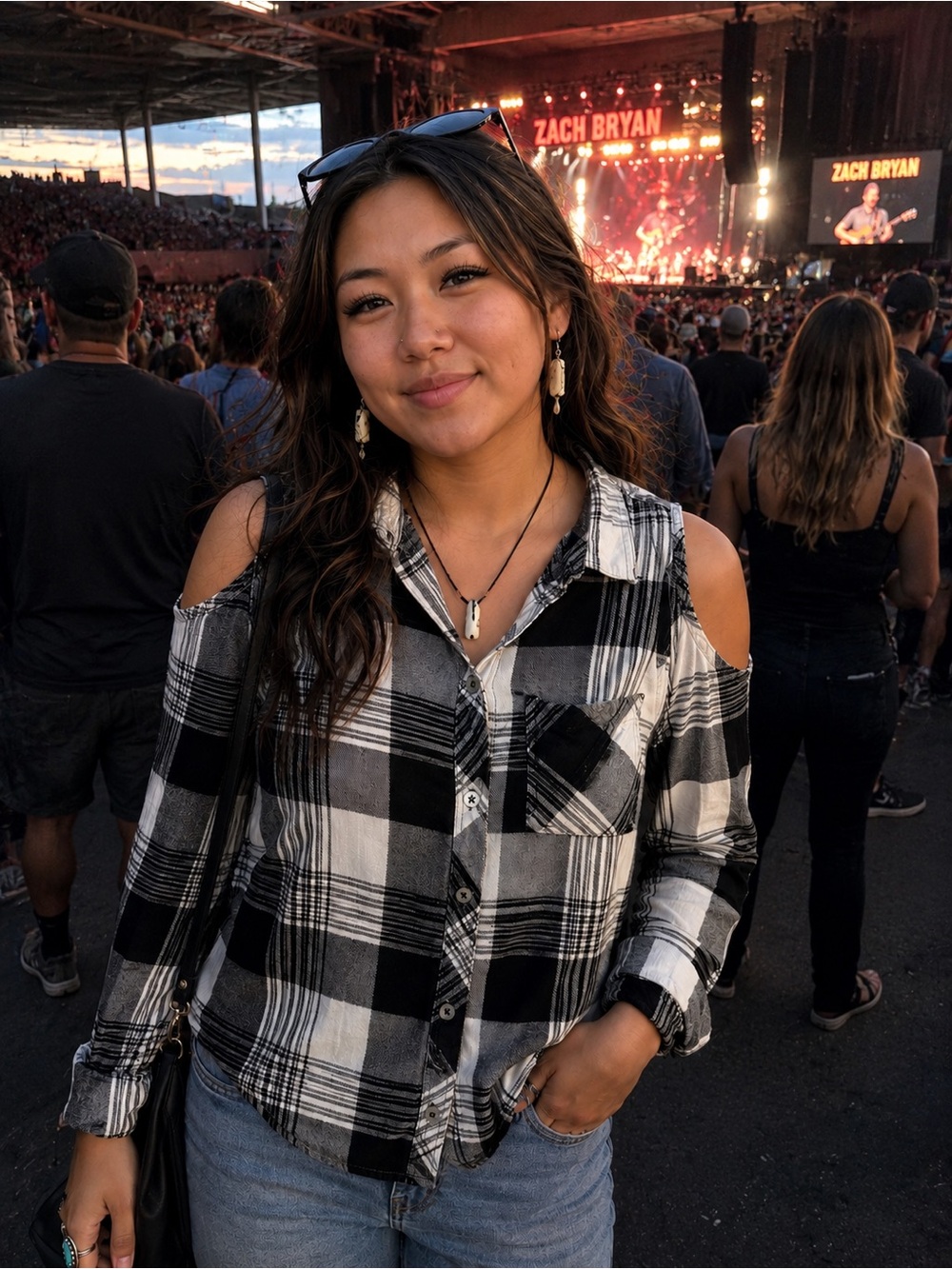 Sky and Sparrow Black and White Plaid Cold-Shoulder Shirt